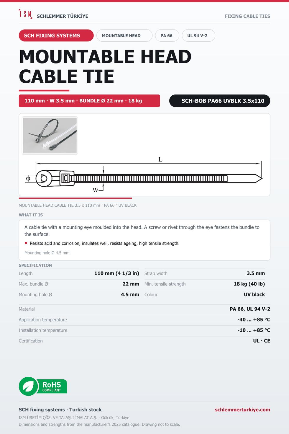 MOUNTABLE HEAD CABLE TIE 3.5x110 UV BLACK POLYAMIDE 6.6