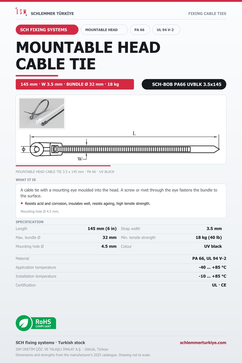 MOUNTABLE HEAD CABLE TIE 3.5x145 UV BLACK POLYAMIDE 6.6