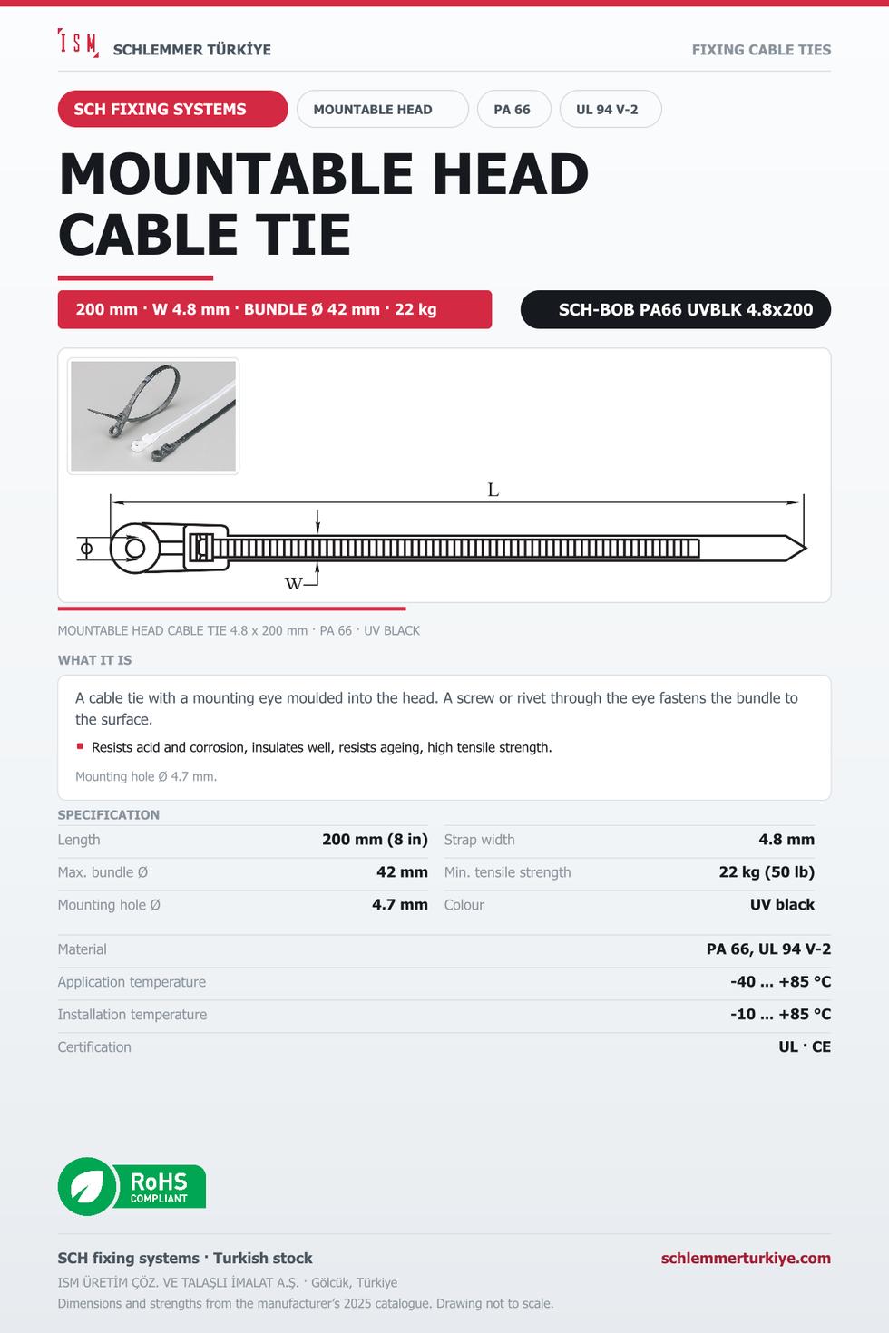 MOUNTABLE HEAD CABLE TIE 4.8x200 UV BLACK POLYAMIDE 6.6