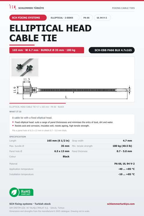 ELLIPTICAL HEAD CABLE TIE BOTH SIDES 4.7x165 BLACK POLYAMIDE 6.6
