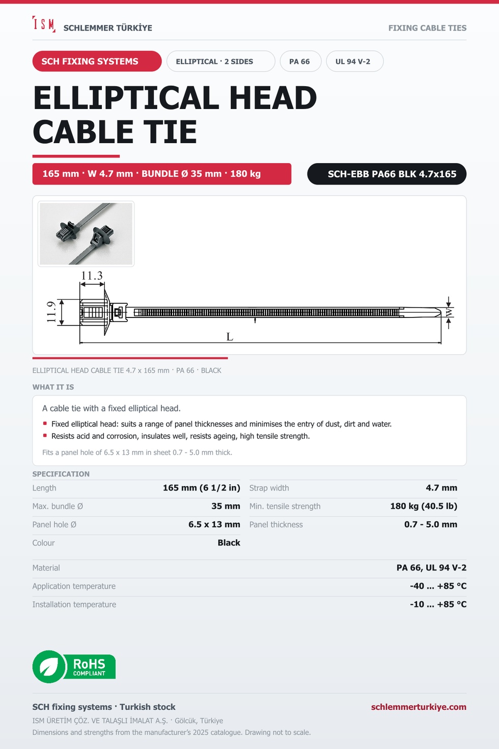 ELLIPTICAL HEAD CABLE TIE BOTH SIDES 4.7x165 BLACK POLYAMIDE 6.6