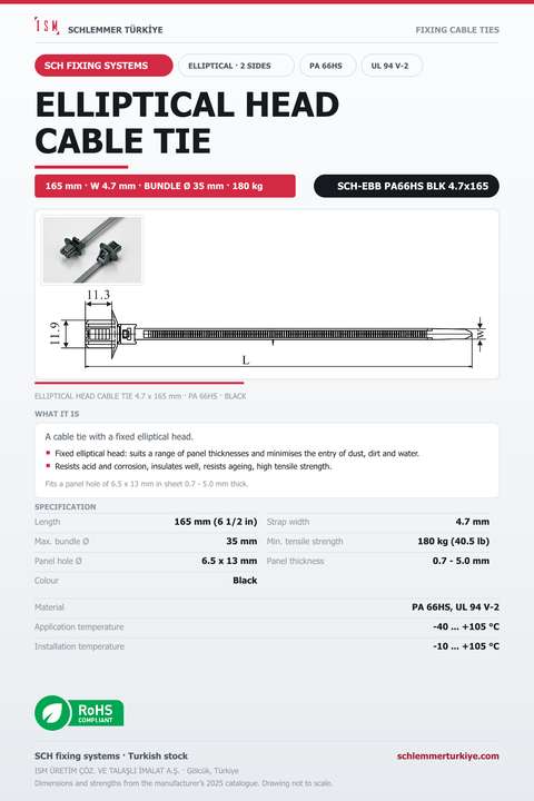 ELLIPTICAL HEAD CABLE TIE BOTH SIDES 4.7x165 BLACK POLYAMIDE 6.6 HEAT STABILISED