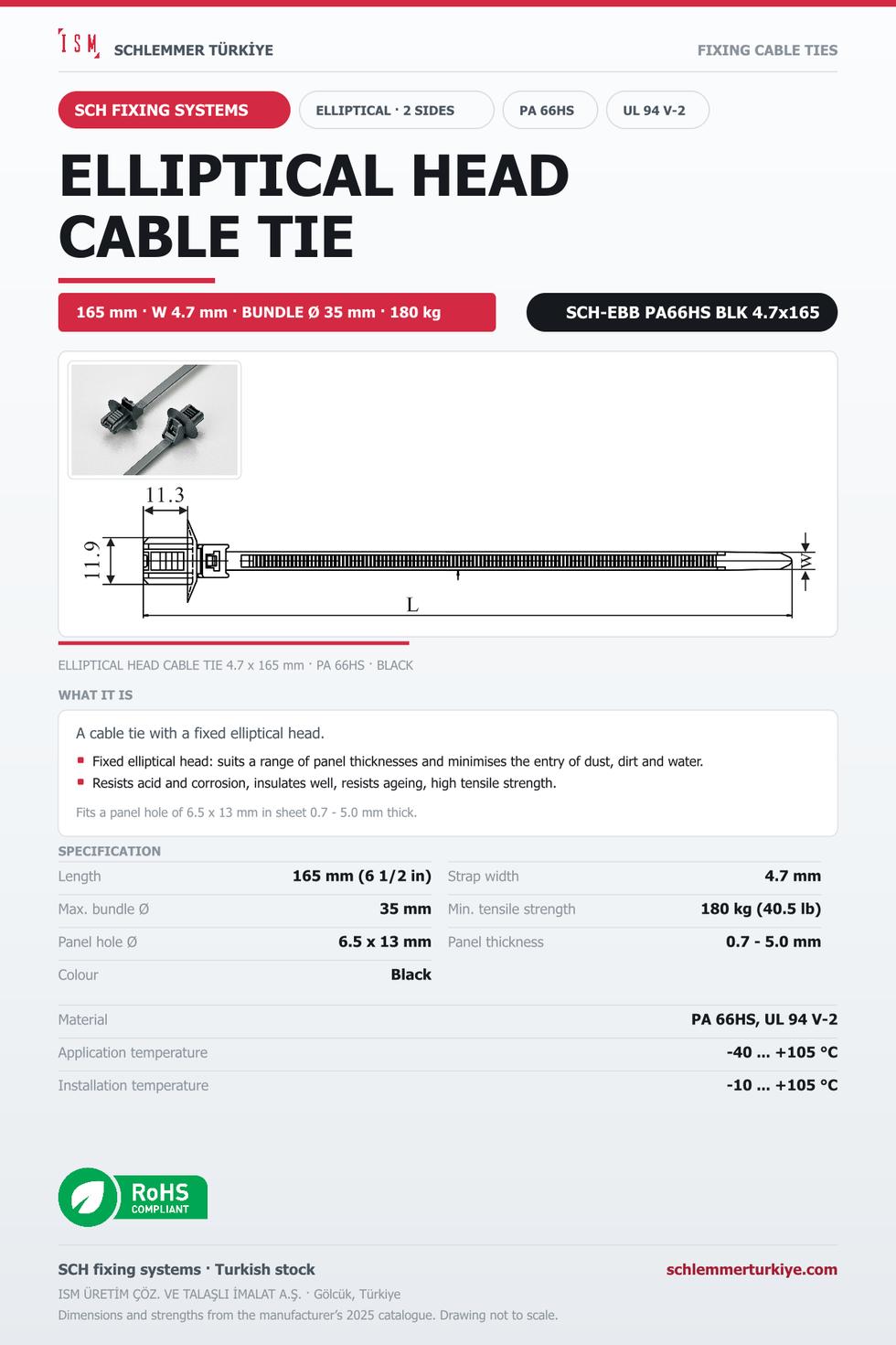 ELLIPTICAL HEAD CABLE TIE BOTH SIDES 4.7x165 BLACK POLYAMIDE 6.6 HEAT STABILISED