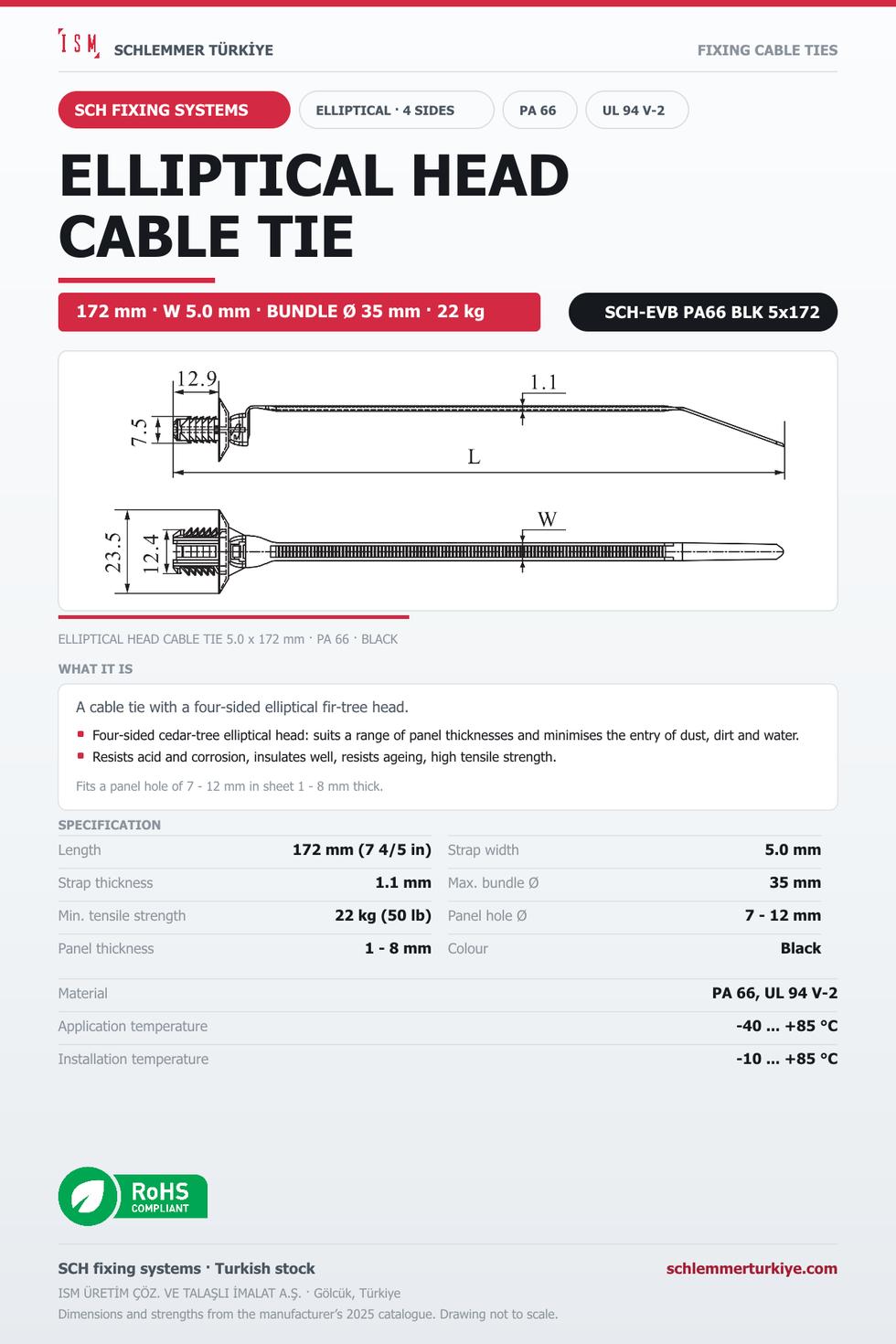 ELLIPTICAL HEAD CABLE TIE FOUR SIDES 5x172 BLACK POLYAMIDE 6.6