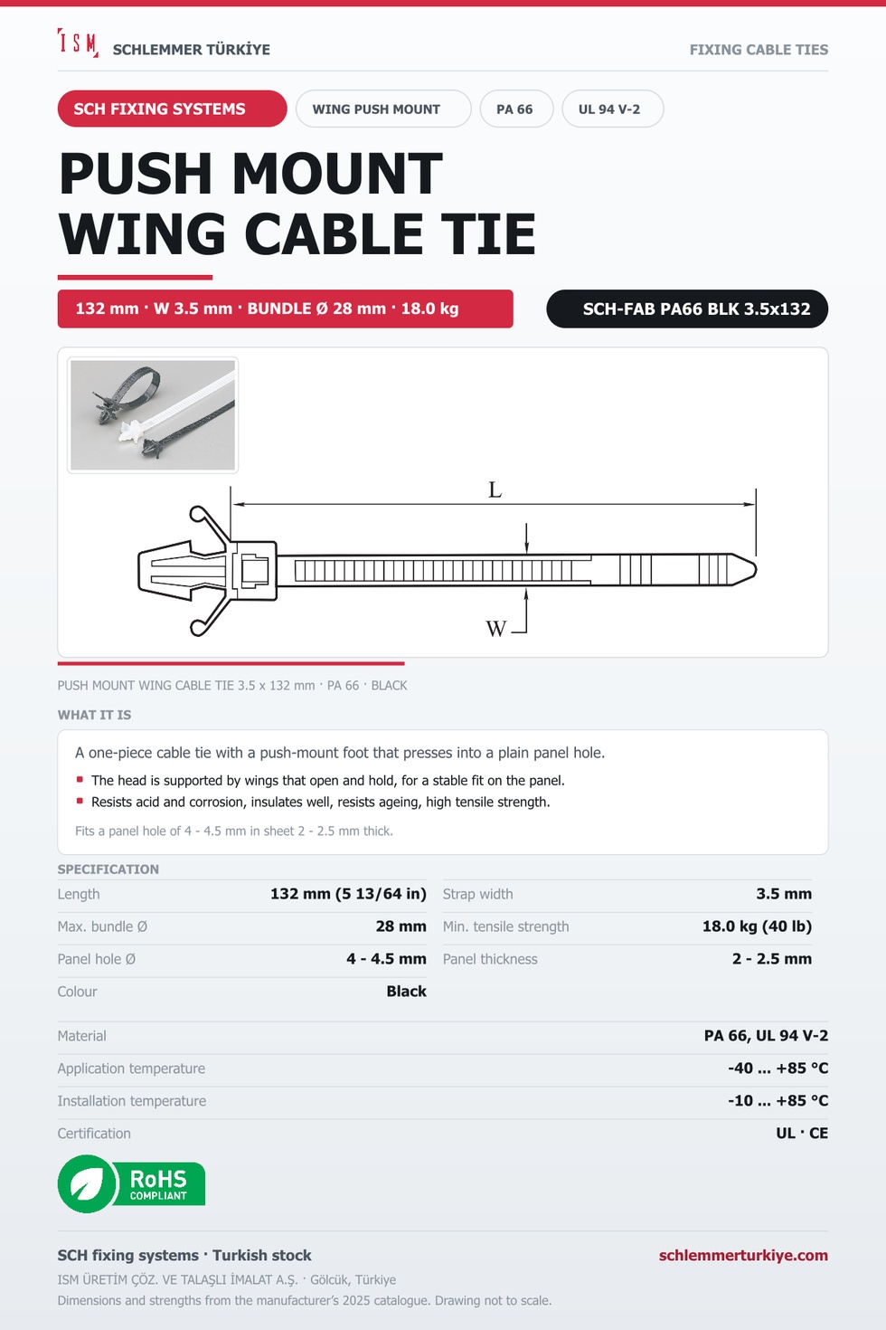 PUSH MOUNT WING CABLE TIE 3.5x132 BLACK POLYAMIDE 6.6