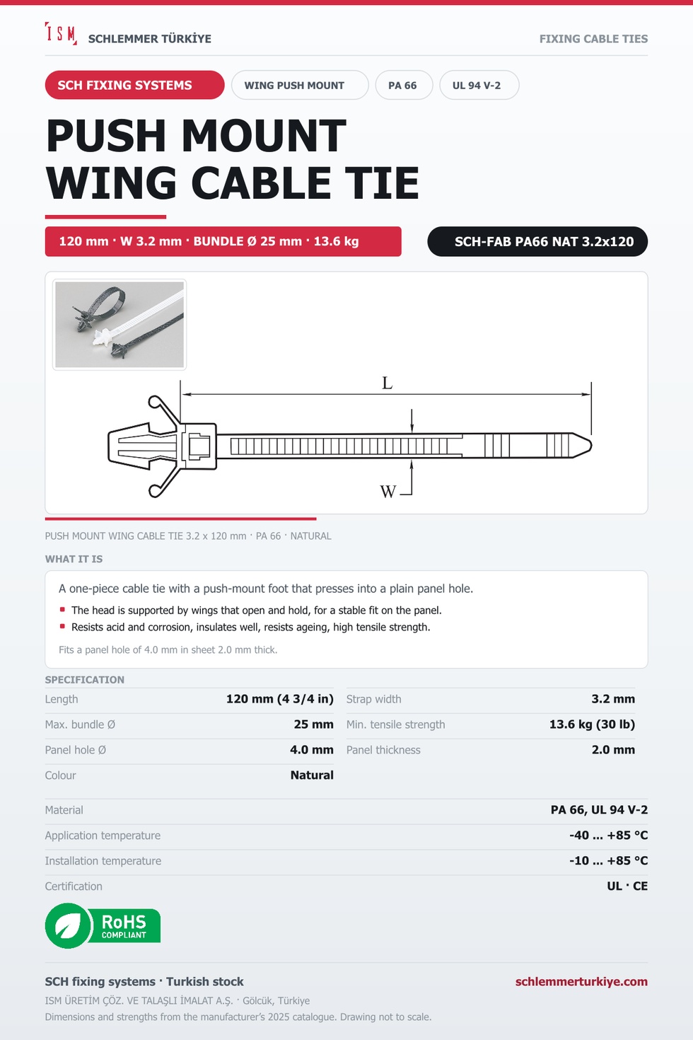 PUSH MOUNT WING CABLE TIE 3.2x120 NATURAL POLYAMIDE 6.6