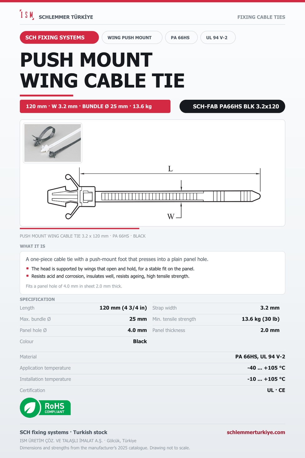 PUSH MOUNT WING CABLE TIE 3.2x120 BLACK POLYAMIDE 6.6 HEAT STABILISED