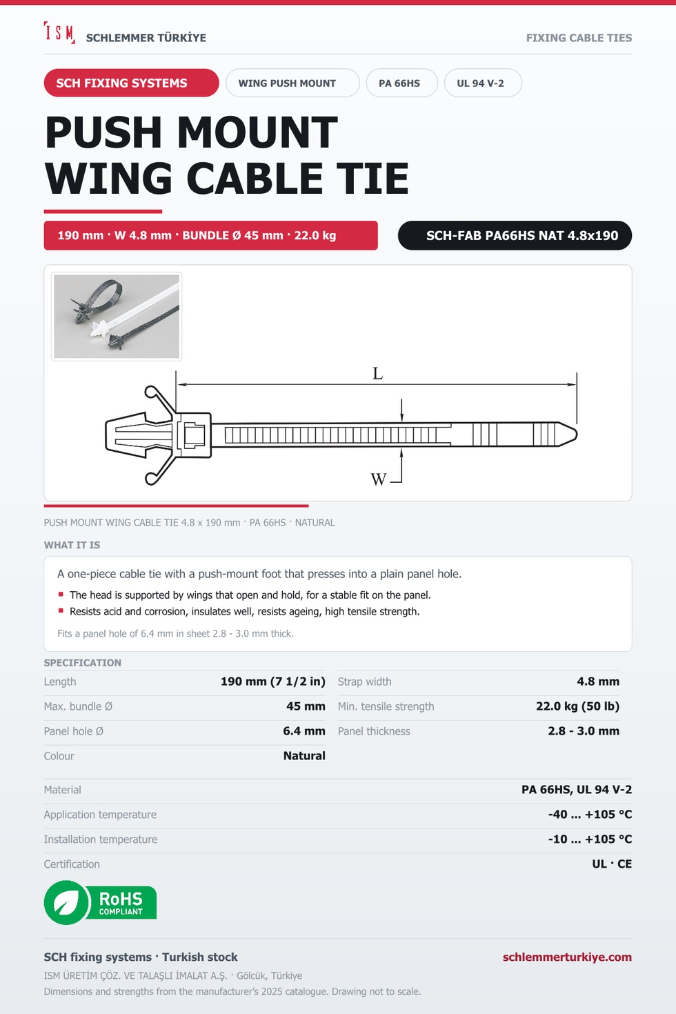 PUSH MOUNT WING CABLE TIE 4.8x190 NATURAL POLYAMIDE 6.6 HEAT STABILISED