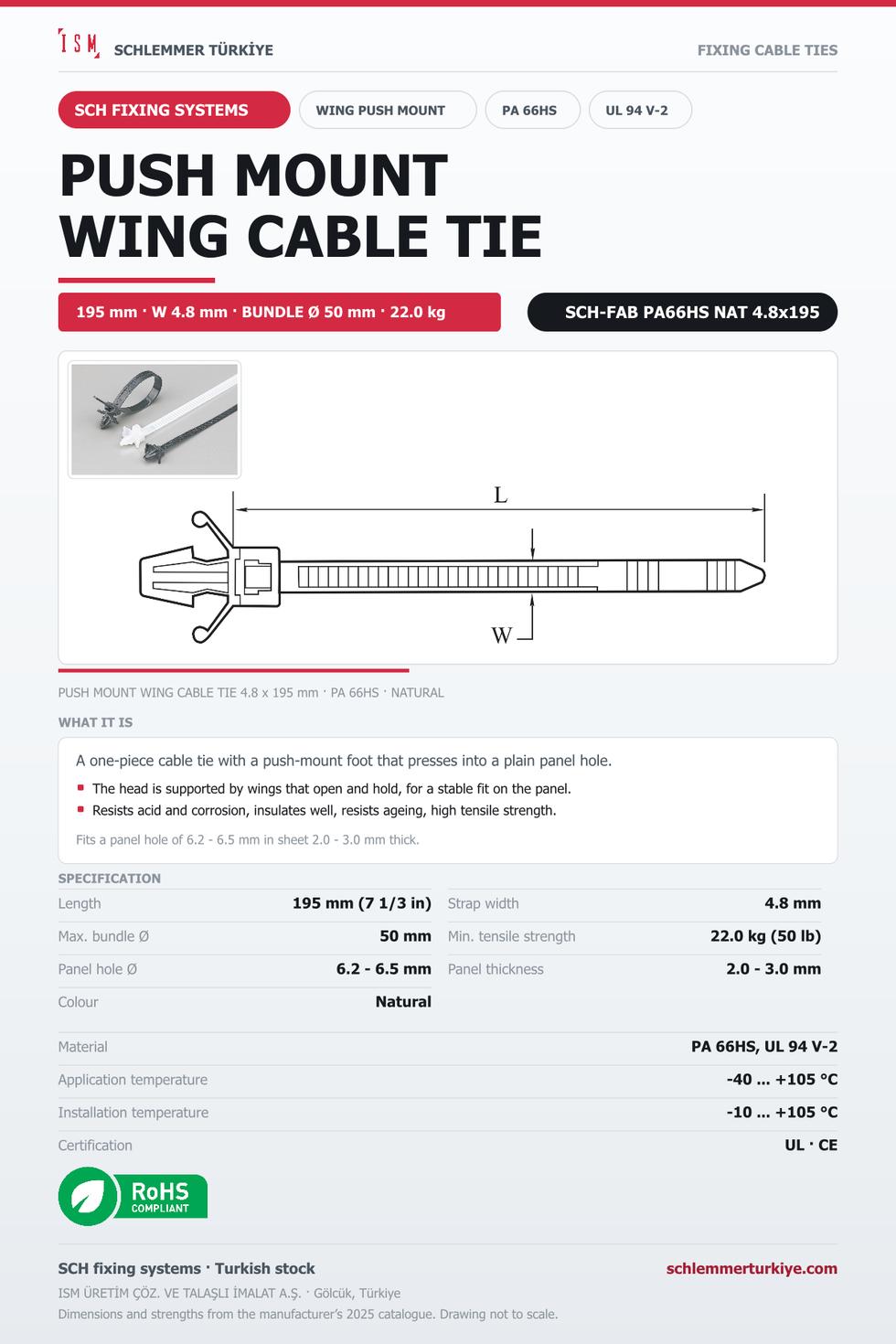 PUSH MOUNT WING CABLE TIE 4.8x195 NATURAL POLYAMIDE 6.6 HEAT STABILISED