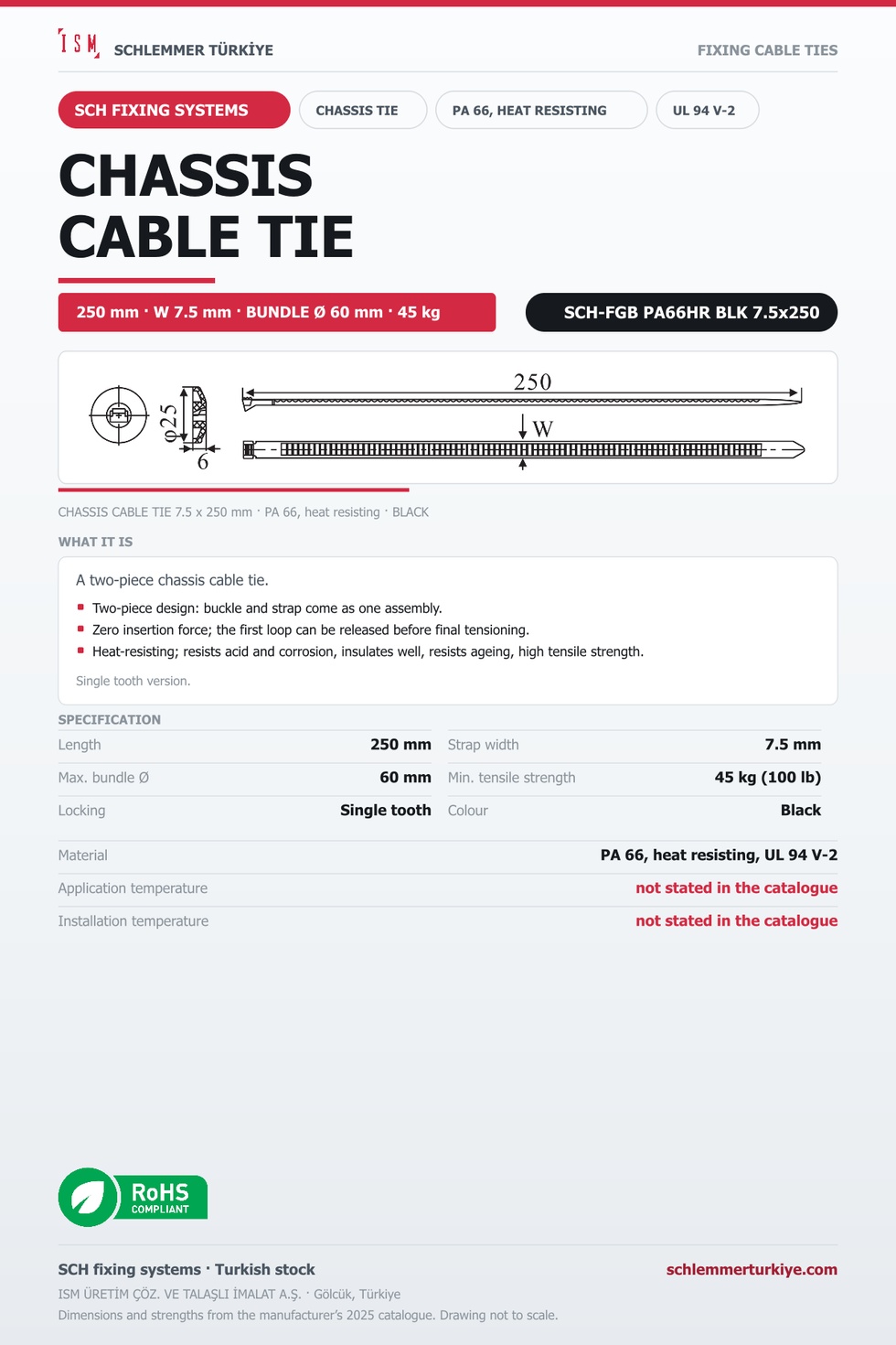 CHASSIS CABLE TIE 7.5x250 BLACK POLYAMIDE 6.6 HEAT RESISTING