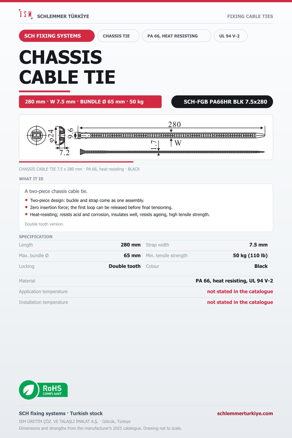 CHASSIS CABLE TIE 7.5x280 BLACK POLYAMIDE 6.6 HEAT RESISTING
