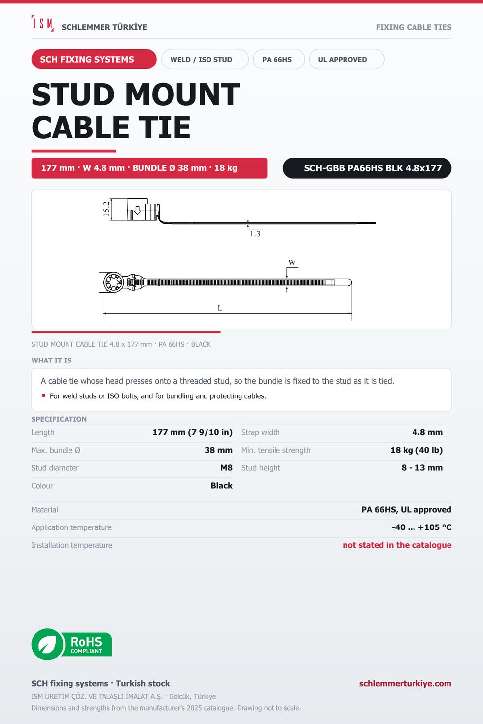 STUD MOUNT CABLE TIE 4.8x177 BLACK POLYAMIDE 6.6 HEAT STABILISED