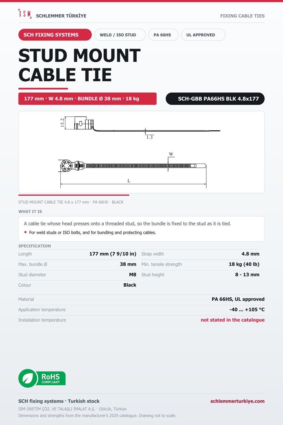 STUD MOUNT CABLE TIE 4.8x177 BLACK POLYAMIDE 6.6 HEAT STABILISED