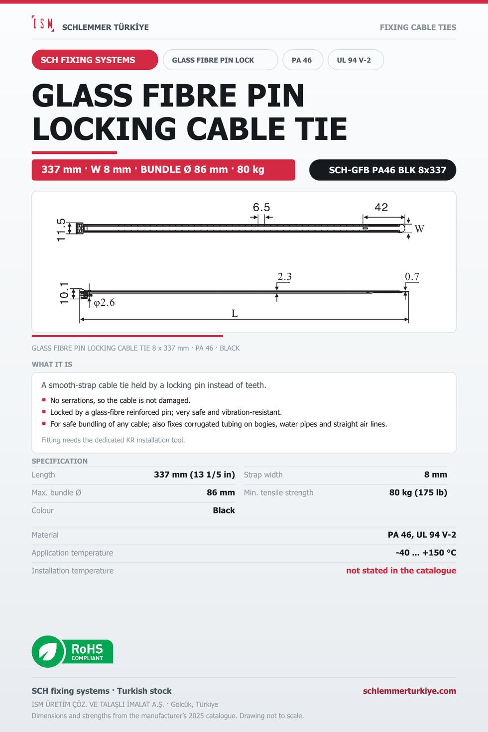 GLASS FIBRE PIN LOCKING CABLE TIE 8x337 BLACK POLYAMIDE 4.6