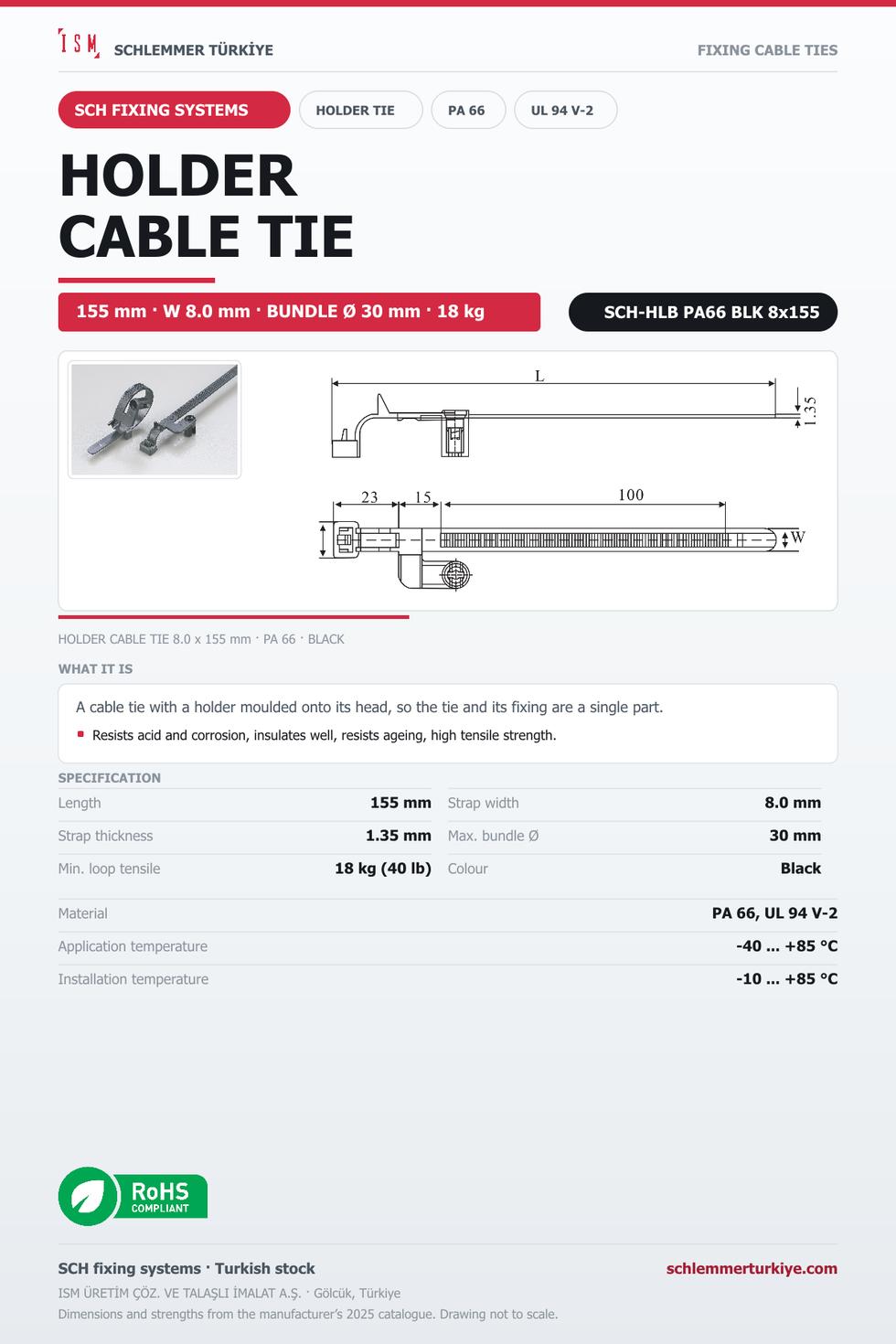 HOLDER CABLE TIE 8x155 BLACK POLYAMIDE 6.6