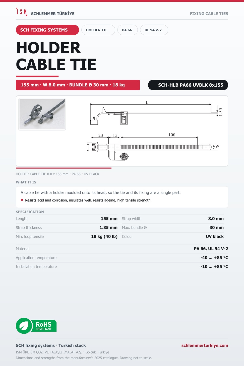 HOLDER CABLE TIE 8x155 UV BLACK POLYAMIDE 6.6