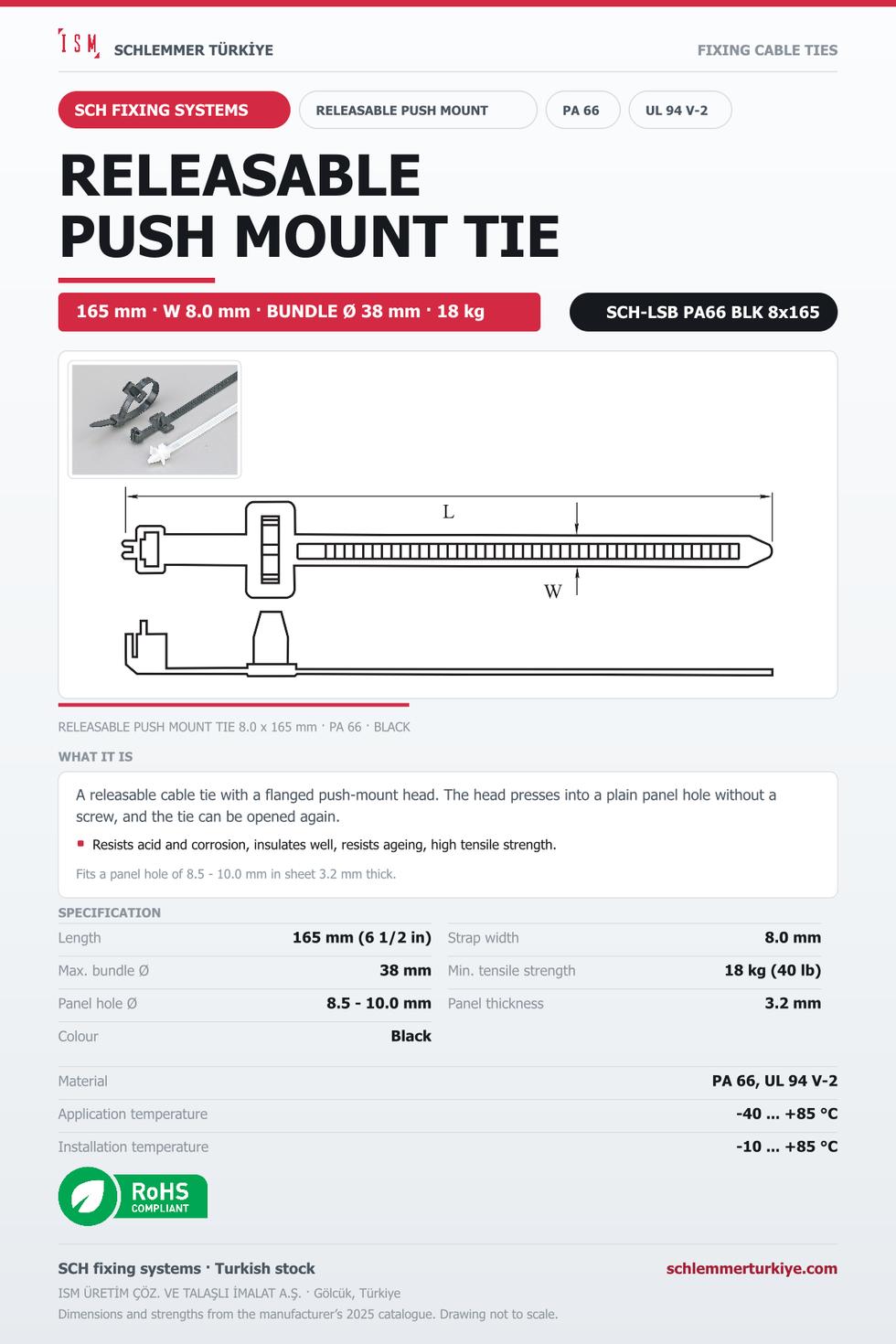RELEASABLE PUSH MOUNT TIE 8x165 BLACK POLYAMIDE 6.6
