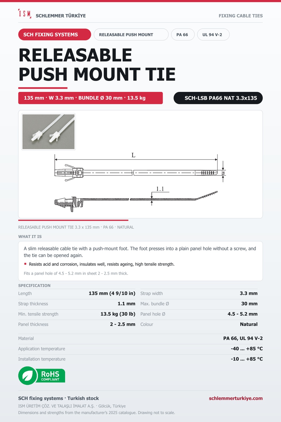 RELEASABLE PUSH MOUNT TIE 3.3x135 NATURAL POLYAMIDE 6.6
