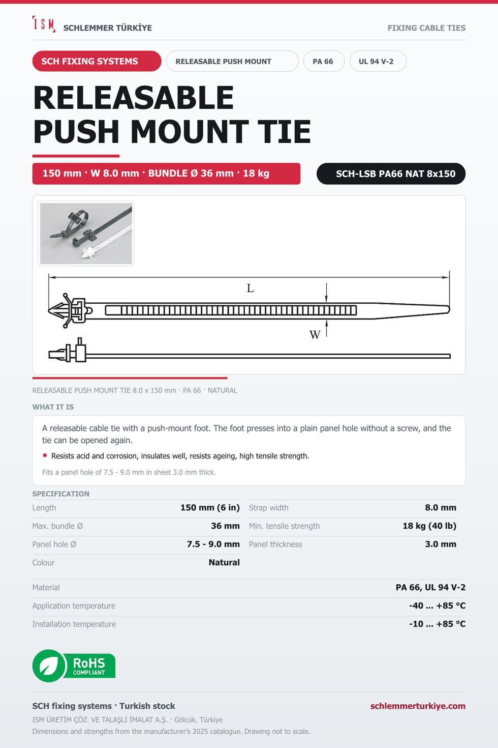 RELEASABLE PUSH MOUNT TIE 8x150 NATURAL POLYAMIDE 6.6