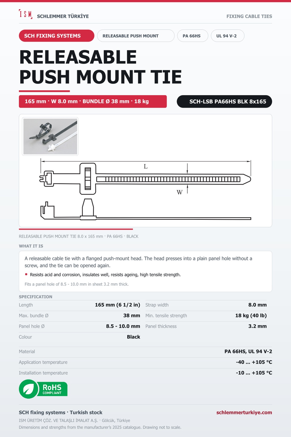 RELEASABLE PUSH MOUNT TIE 8x165 BLACK POLYAMIDE 6.6 HEAT STABILISED