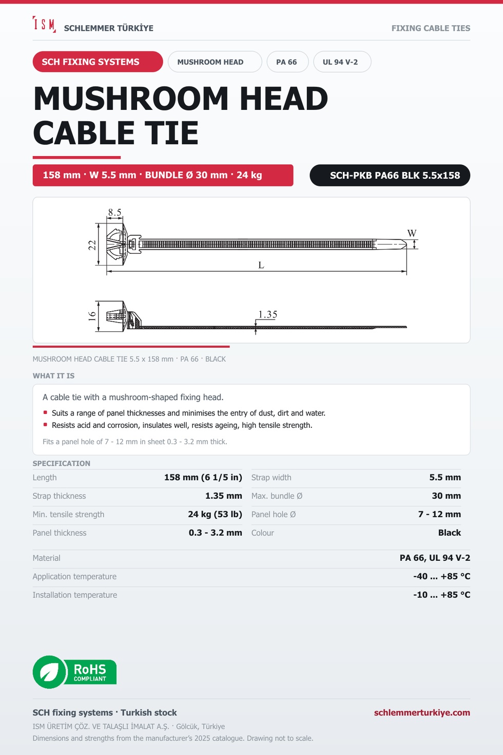 MUSHROOM HEAD CABLE TIE 5.5x158 BLACK POLYAMIDE 6.6