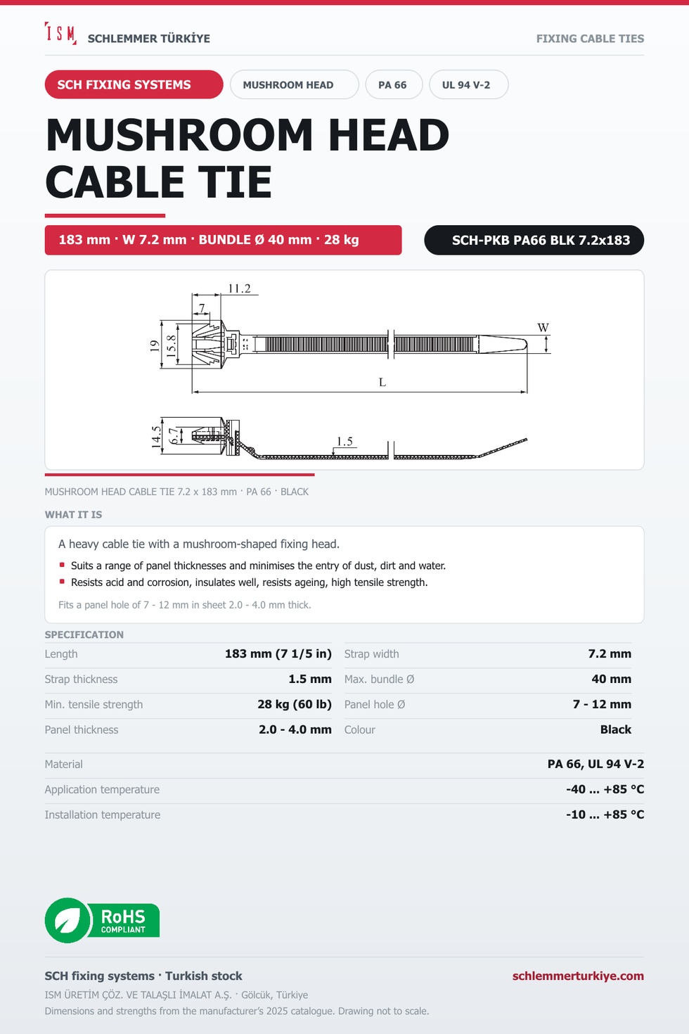 MUSHROOM HEAD CABLE TIE 7.2x183 BLACK POLYAMIDE 6.6