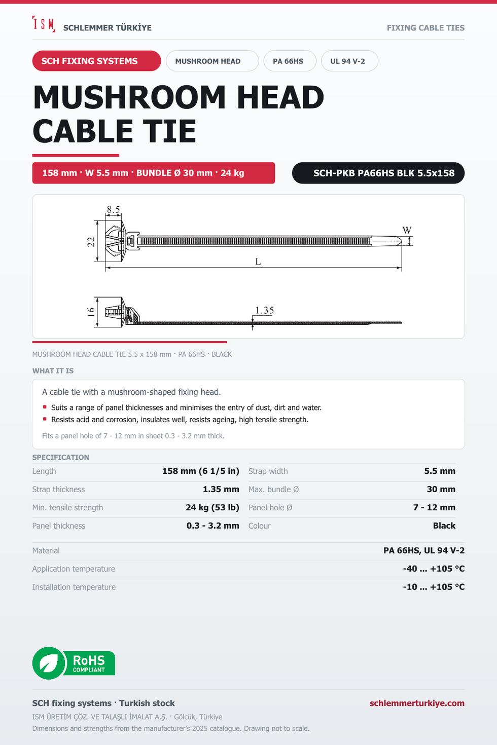 MUSHROOM HEAD CABLE TIE 5.5x158 BLACK POLYAMIDE 6.6 HEAT STABILISED