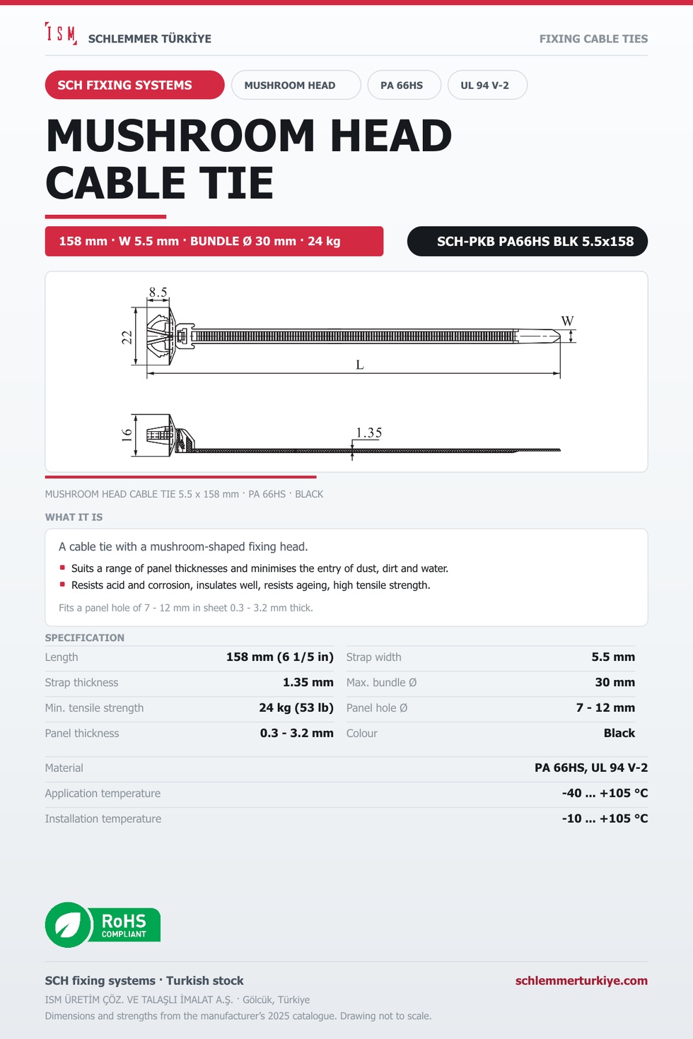 MUSHROOM HEAD CABLE TIE 5.5x158 BLACK POLYAMIDE 6.6 HEAT STABILISED