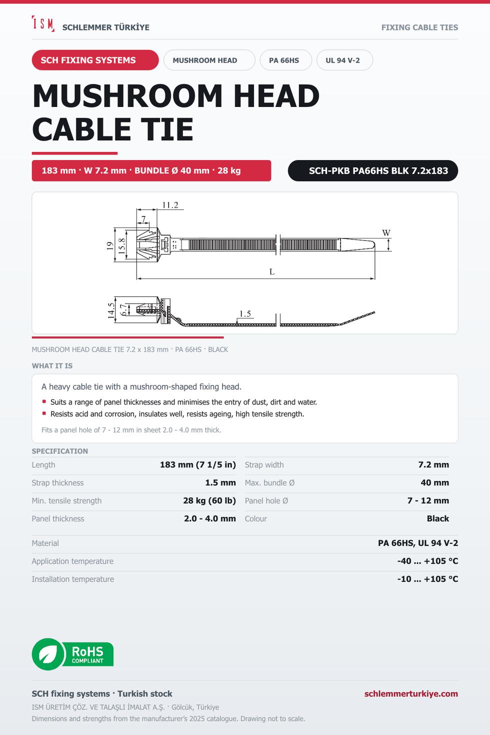 MUSHROOM HEAD CABLE TIE 7.2x183 BLACK POLYAMIDE 6.6 HEAT STABILISED