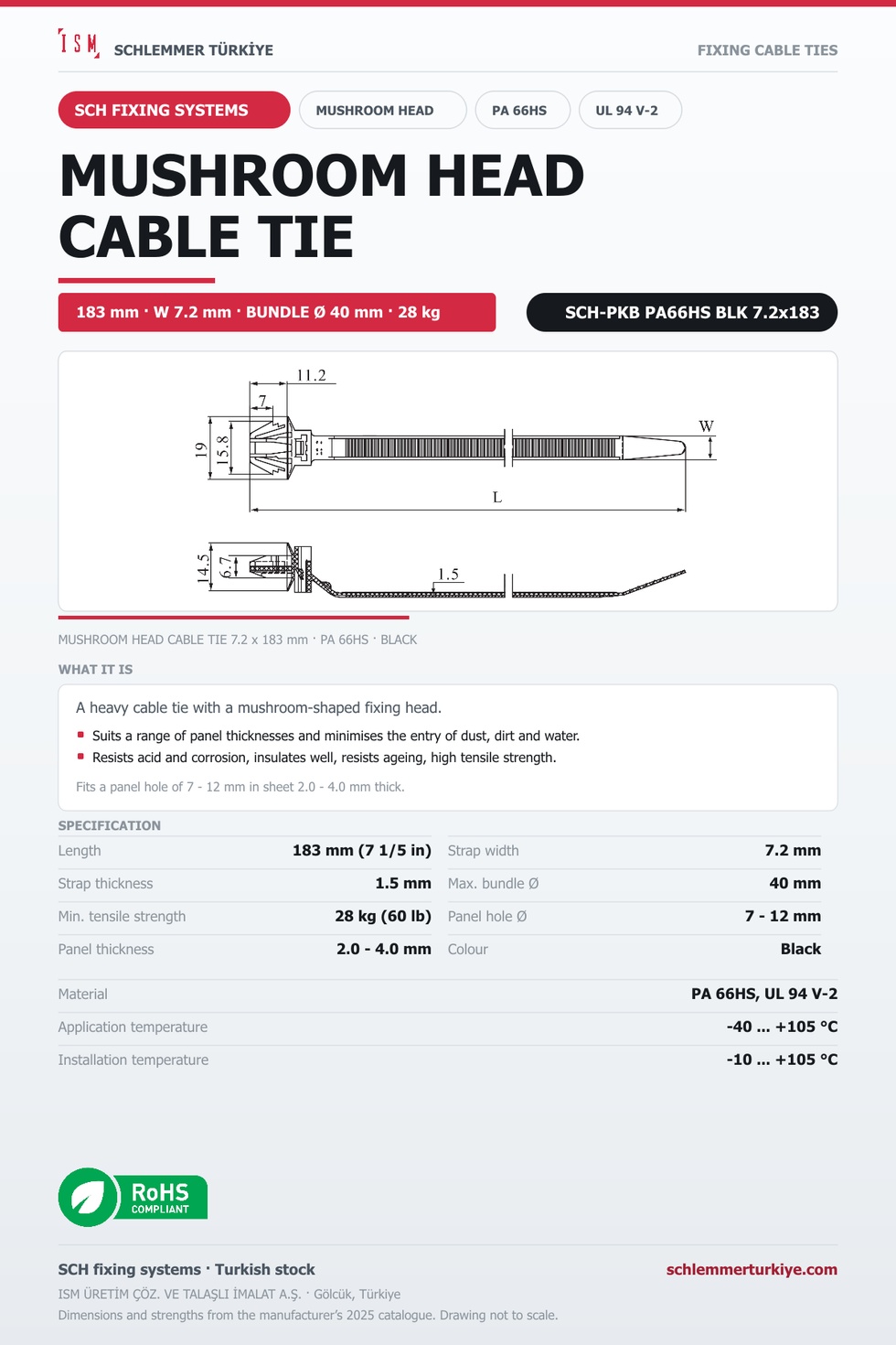 MUSHROOM HEAD CABLE TIE 7.2x183 BLACK POLYAMIDE 6.6 HEAT STABILISED