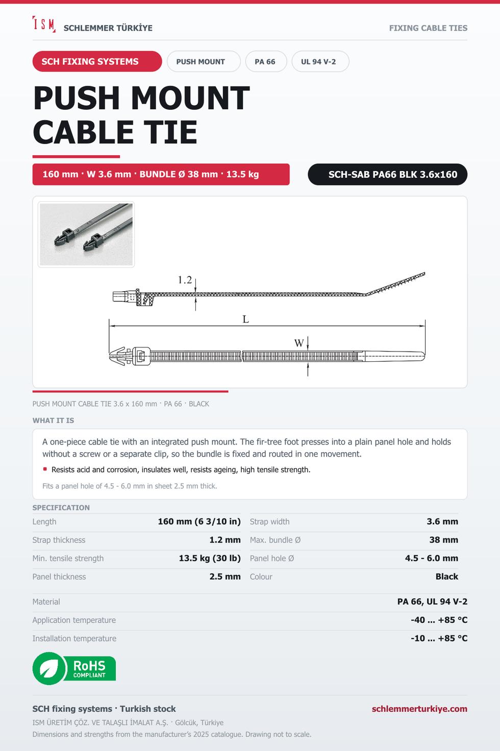 PUSH MOUNT CABLE TIE 3.6x160 BLACK POLYAMIDE 6.6