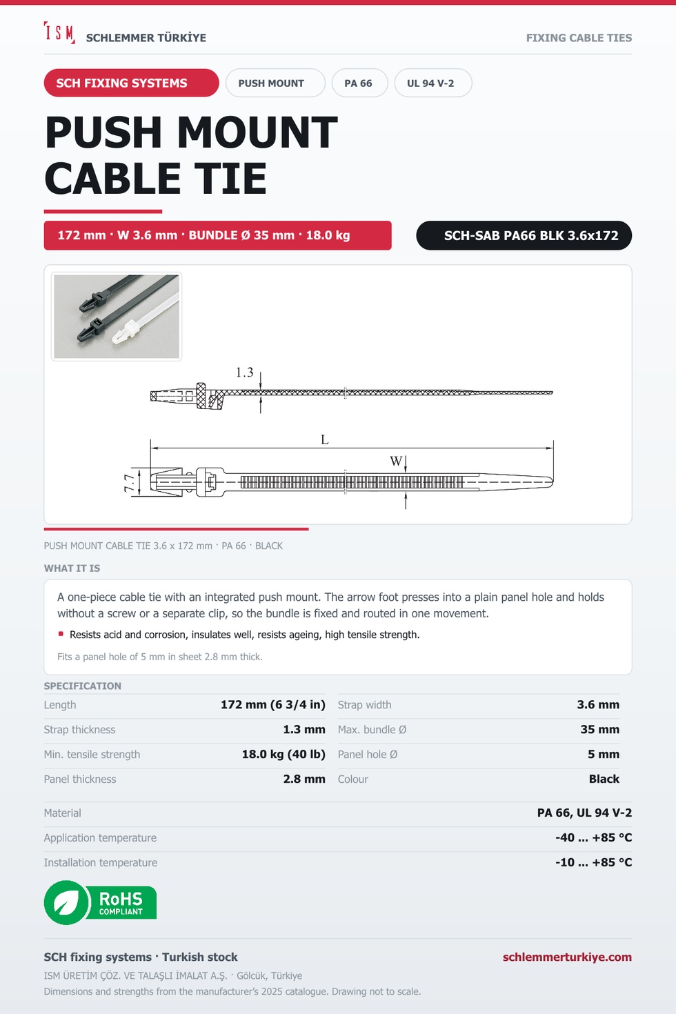 PUSH MOUNT CABLE TIE 3.6x172 BLACK POLYAMIDE 6.6