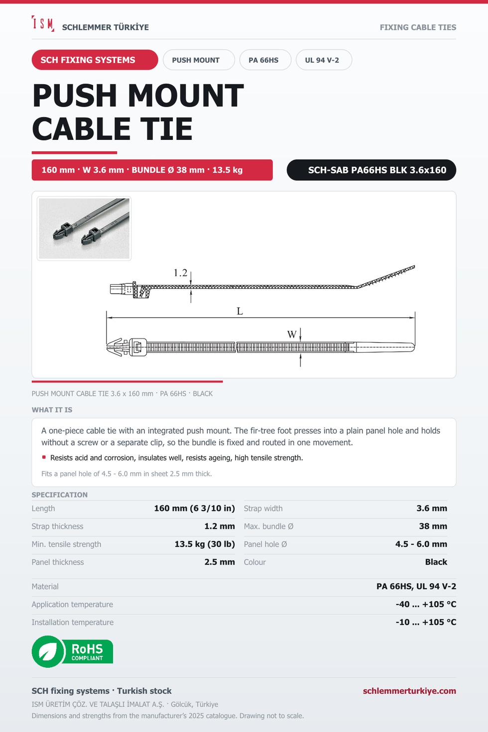 PUSH MOUNT CABLE TIE 3.6x160 BLACK POLYAMIDE 6.6 HEAT STABILISED