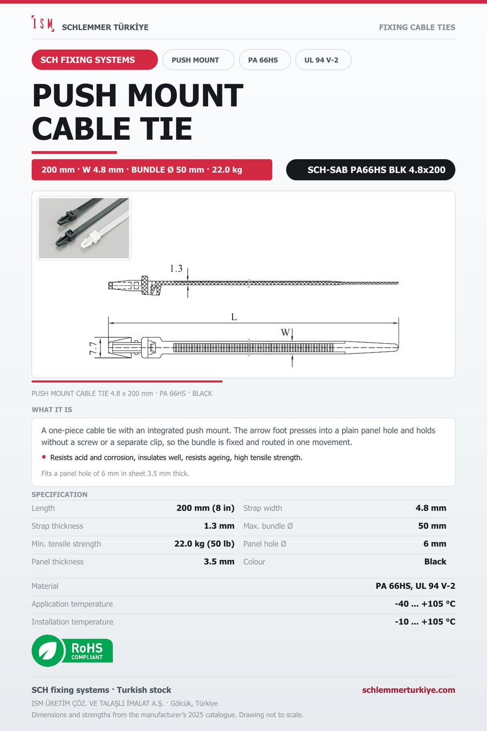 PUSH MOUNT CABLE TIE 4.8x200 BLACK POLYAMIDE 6.6 HEAT STABILISED