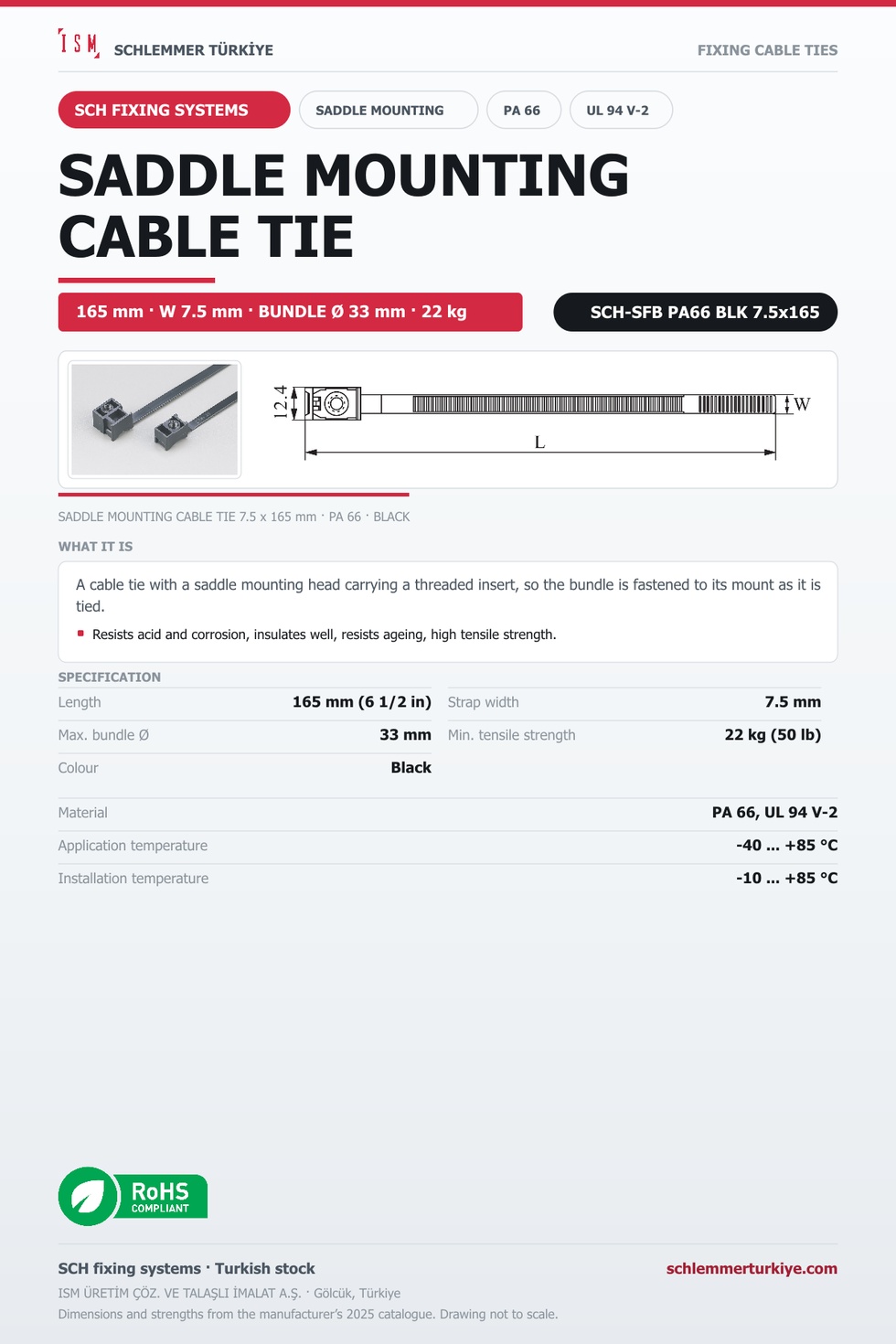SADDLE MOUNTING CABLE TIE 7.5x165 BLACK POLYAMIDE 6.6
