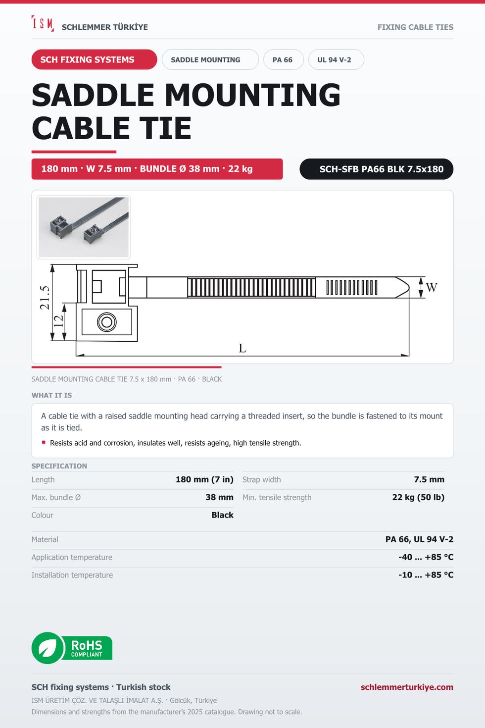 SADDLE MOUNTING CABLE TIE 7.5x180 BLACK POLYAMIDE 6.6