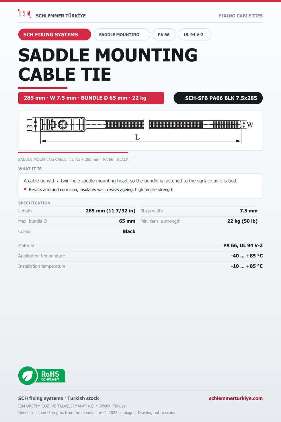 SADDLE MOUNTING CABLE TIE 7.5x285 BLACK POLYAMIDE 6.6
