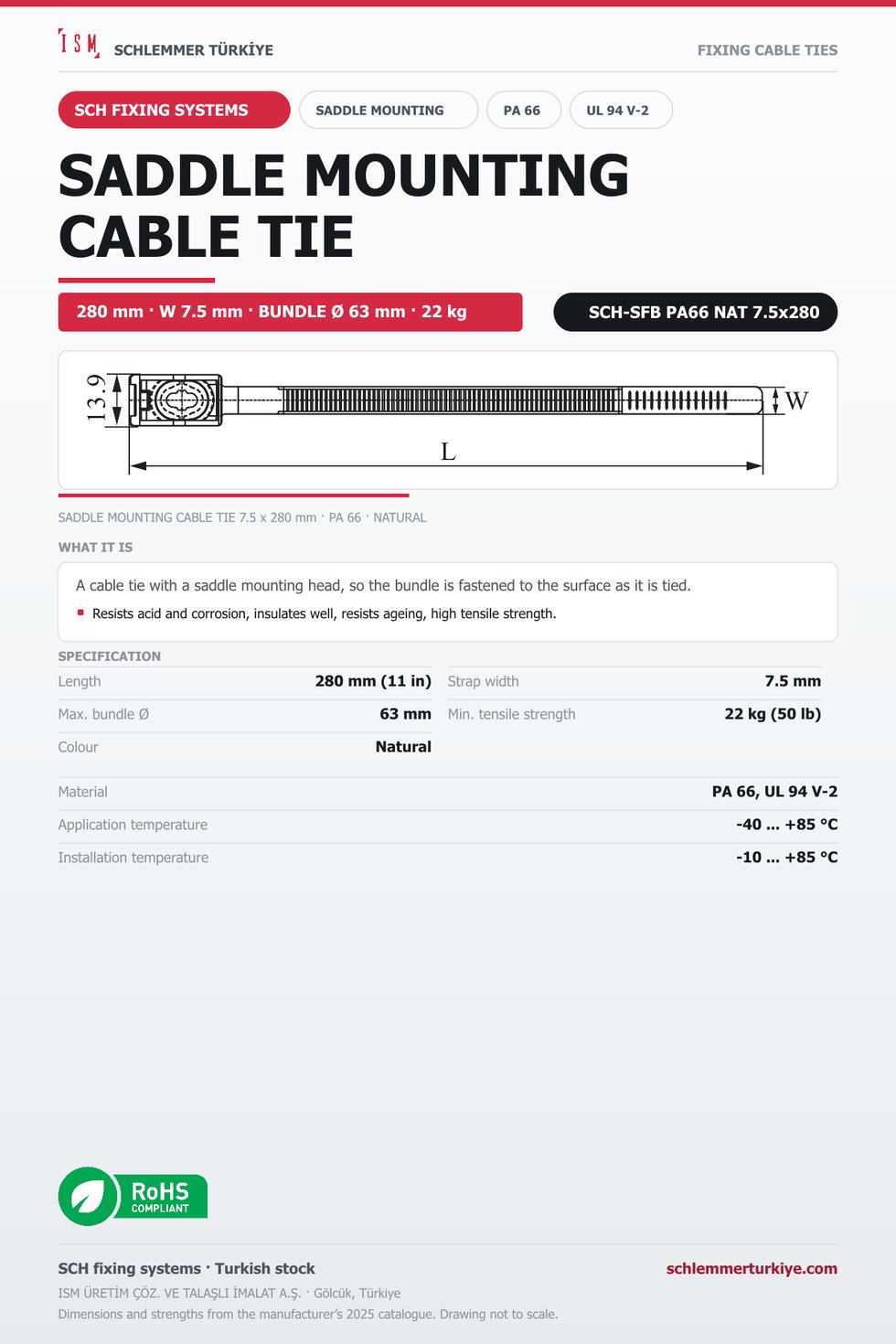 SADDLE MOUNTING CABLE TIE 7.5x280 NATURAL POLYAMIDE 6.6