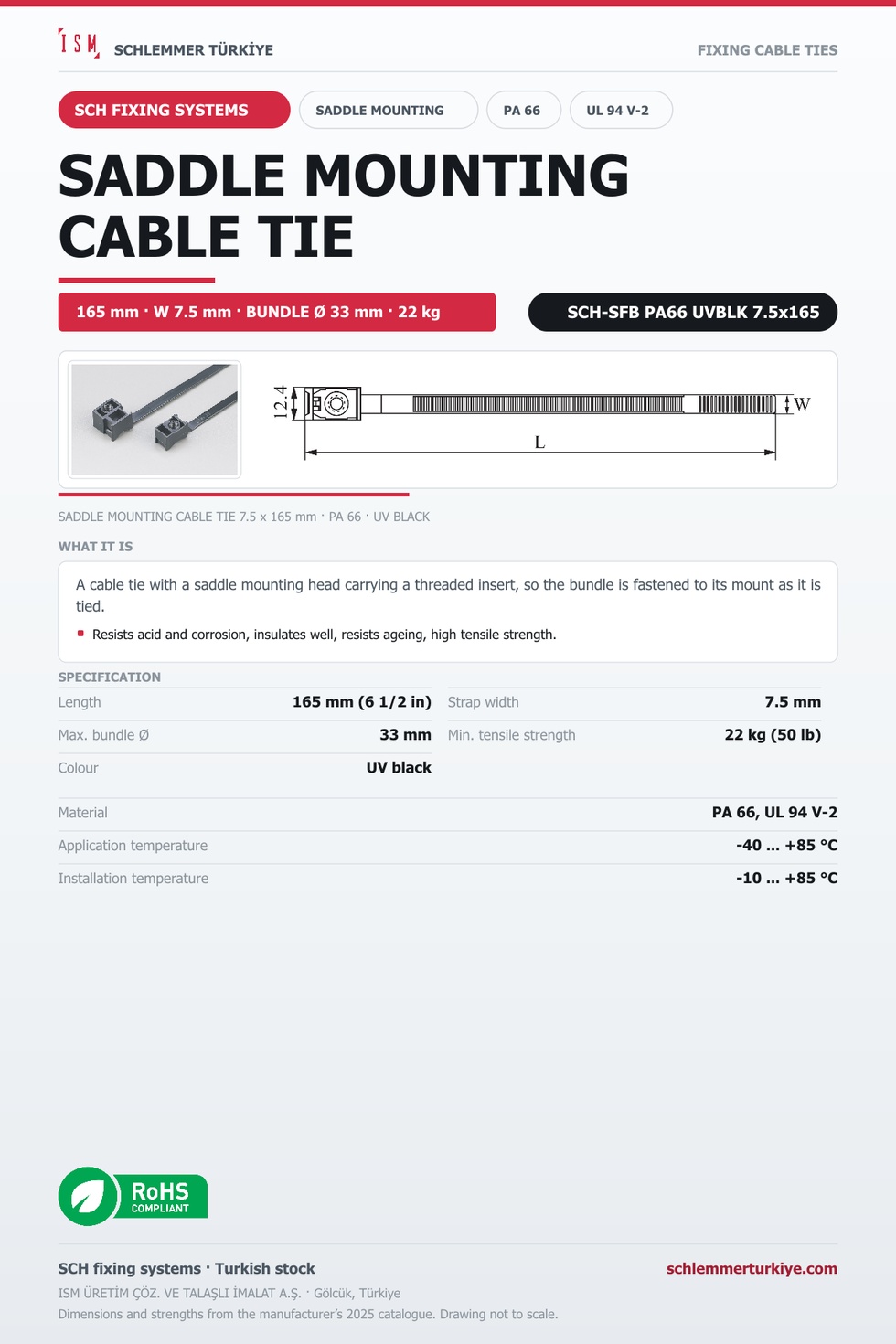 SADDLE MOUNTING CABLE TIE 7.5x165 UV BLACK POLYAMIDE 6.6