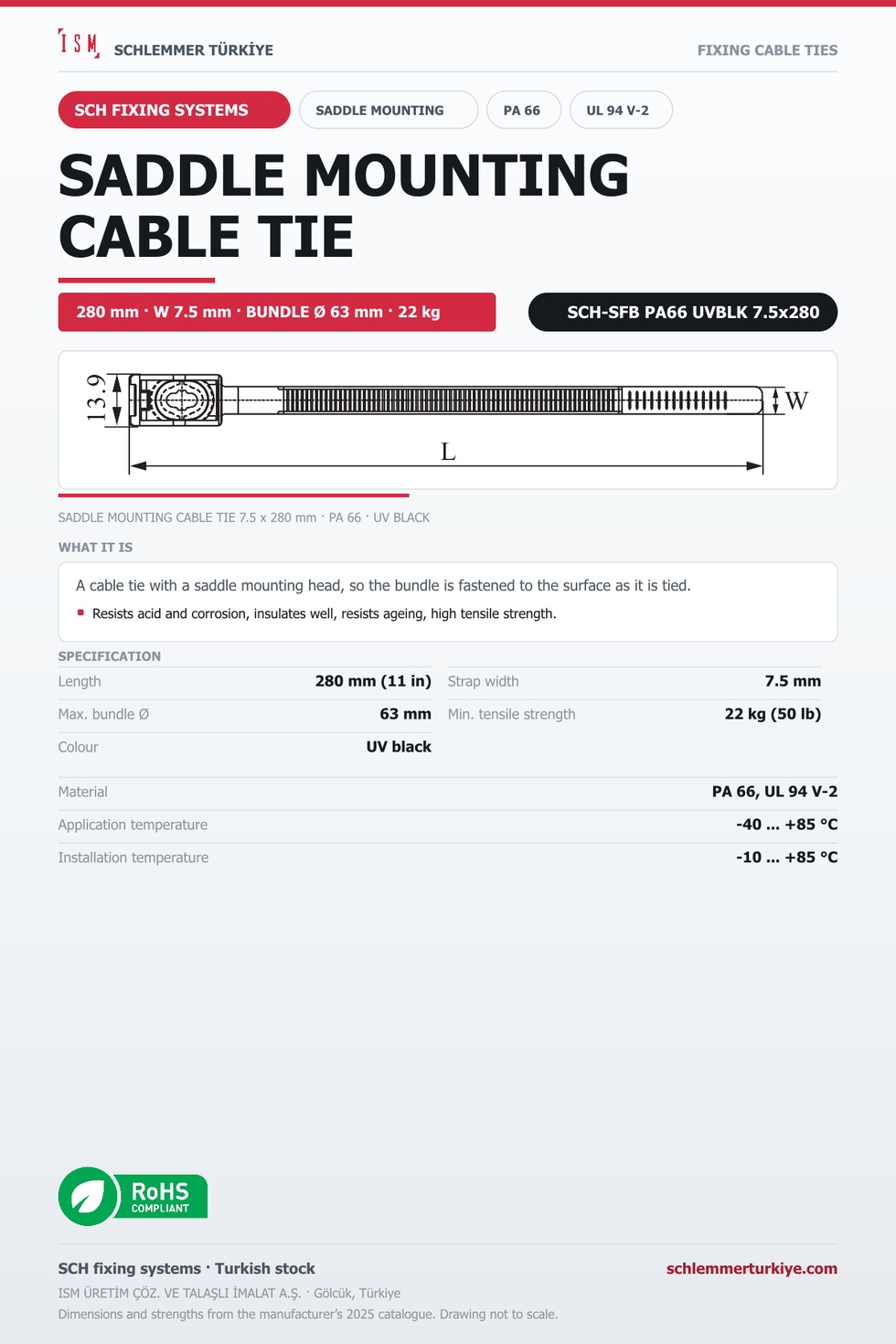 SADDLE MOUNTING CABLE TIE 7.5x280 UV BLACK POLYAMIDE 6.6