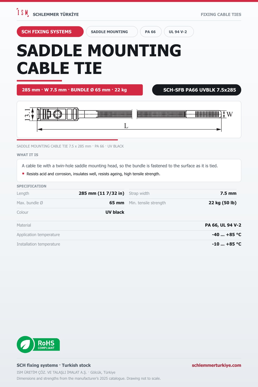 SADDLE MOUNTING CABLE TIE 7.5x285 UV BLACK POLYAMIDE 6.6