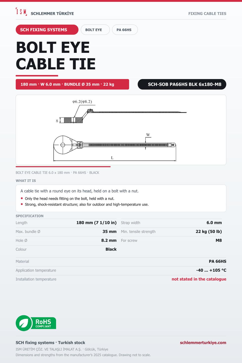 BOLT EYE CABLE TIE 6x180 BLACK POLYAMIDE 6.6 HEAT STABILISED
