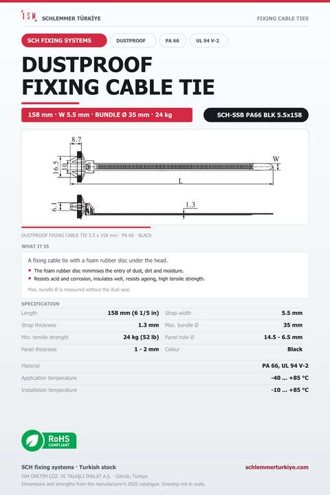 DUSTPROOF FIXING CABLE TIE 5.5x158 BLACK POLYAMIDE 6.6