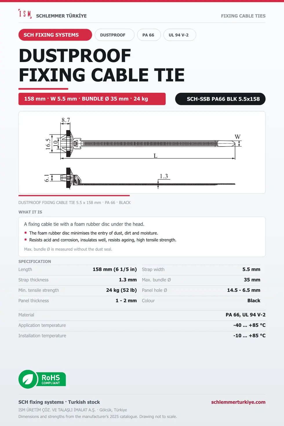 DUSTPROOF FIXING CABLE TIE 5.5x158 BLACK POLYAMIDE 6.6