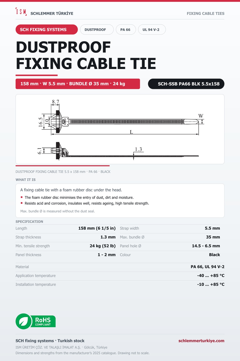 DUSTPROOF FIXING CABLE TIE 5.5x158 BLACK POLYAMIDE 6.6
