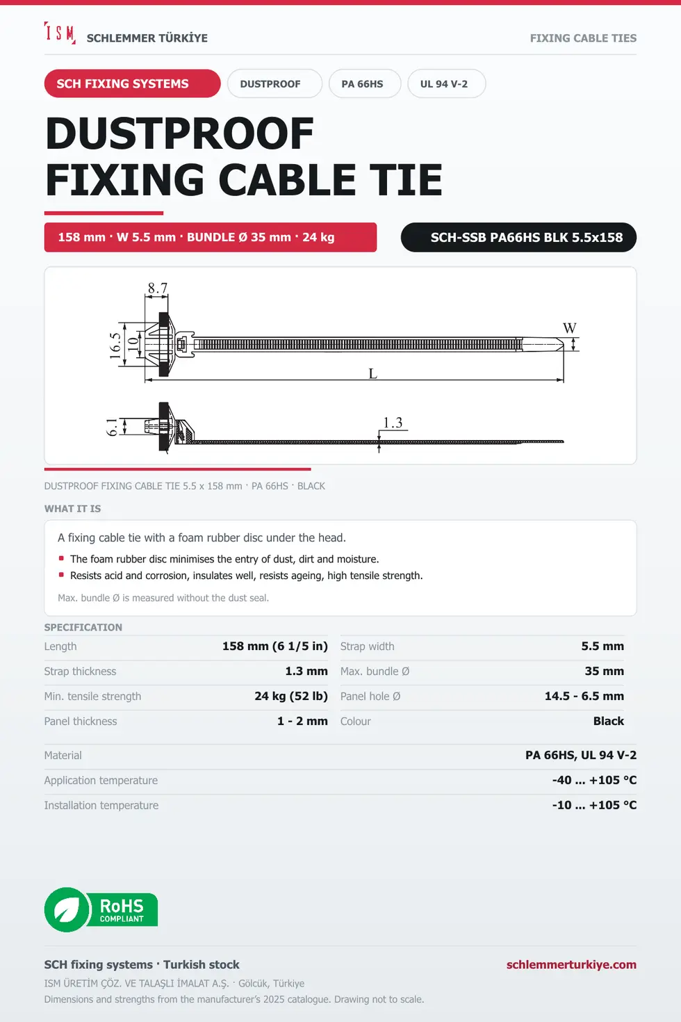 DUSTPROOF FIXING CABLE TIE 5.5x158 BLACK POLYAMIDE 6.6 HEAT STABILISED