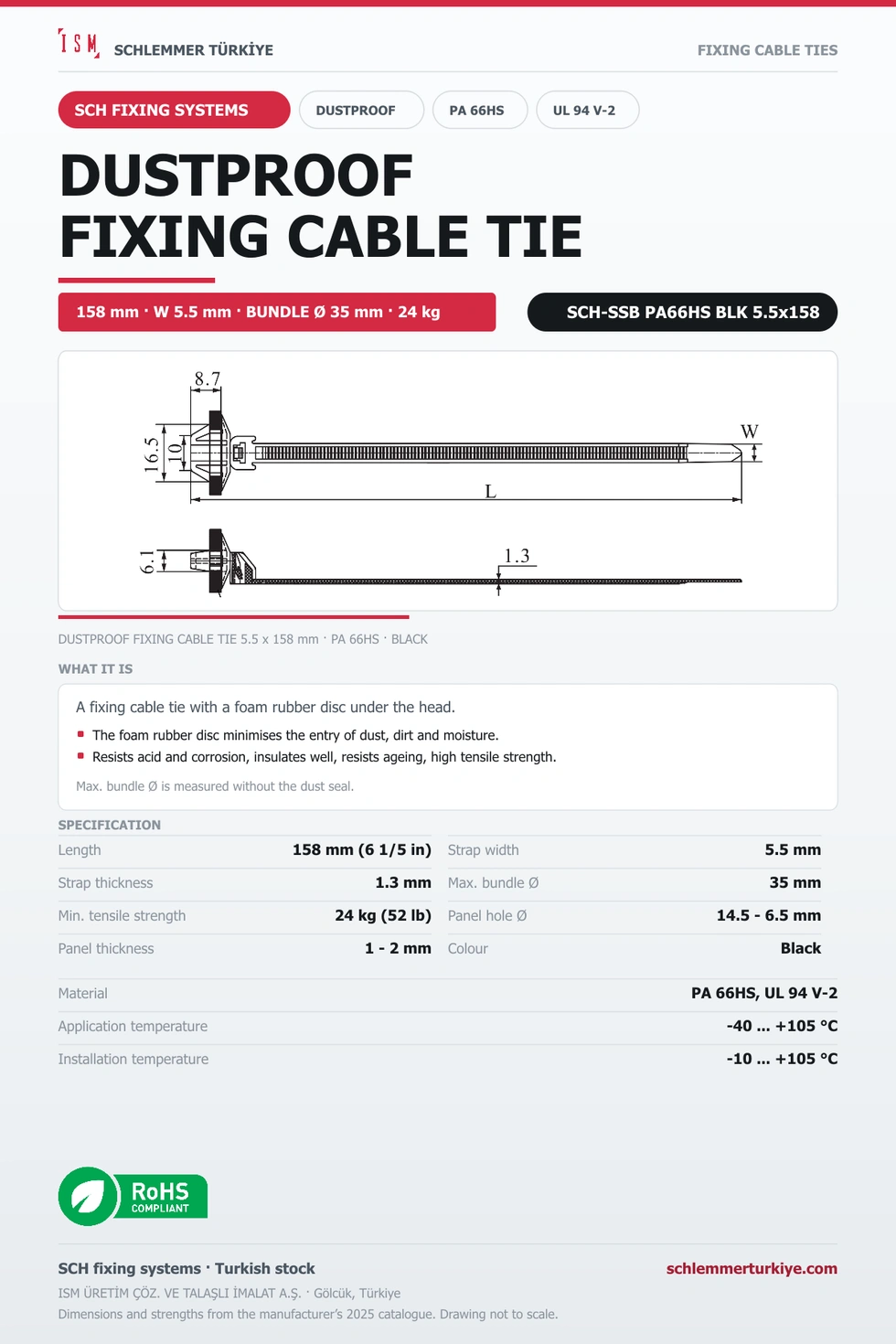 DUSTPROOF FIXING CABLE TIE 5.5x158 BLACK POLYAMIDE 6.6 HEAT STABILISED