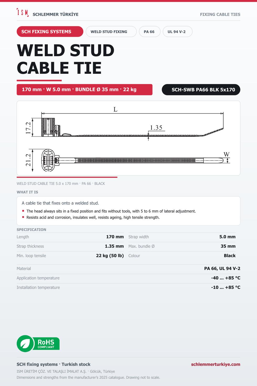 MOVABLE WELD STUD FIXING CABLE TIE 5x170 BLACK POLYAMIDE 6.6