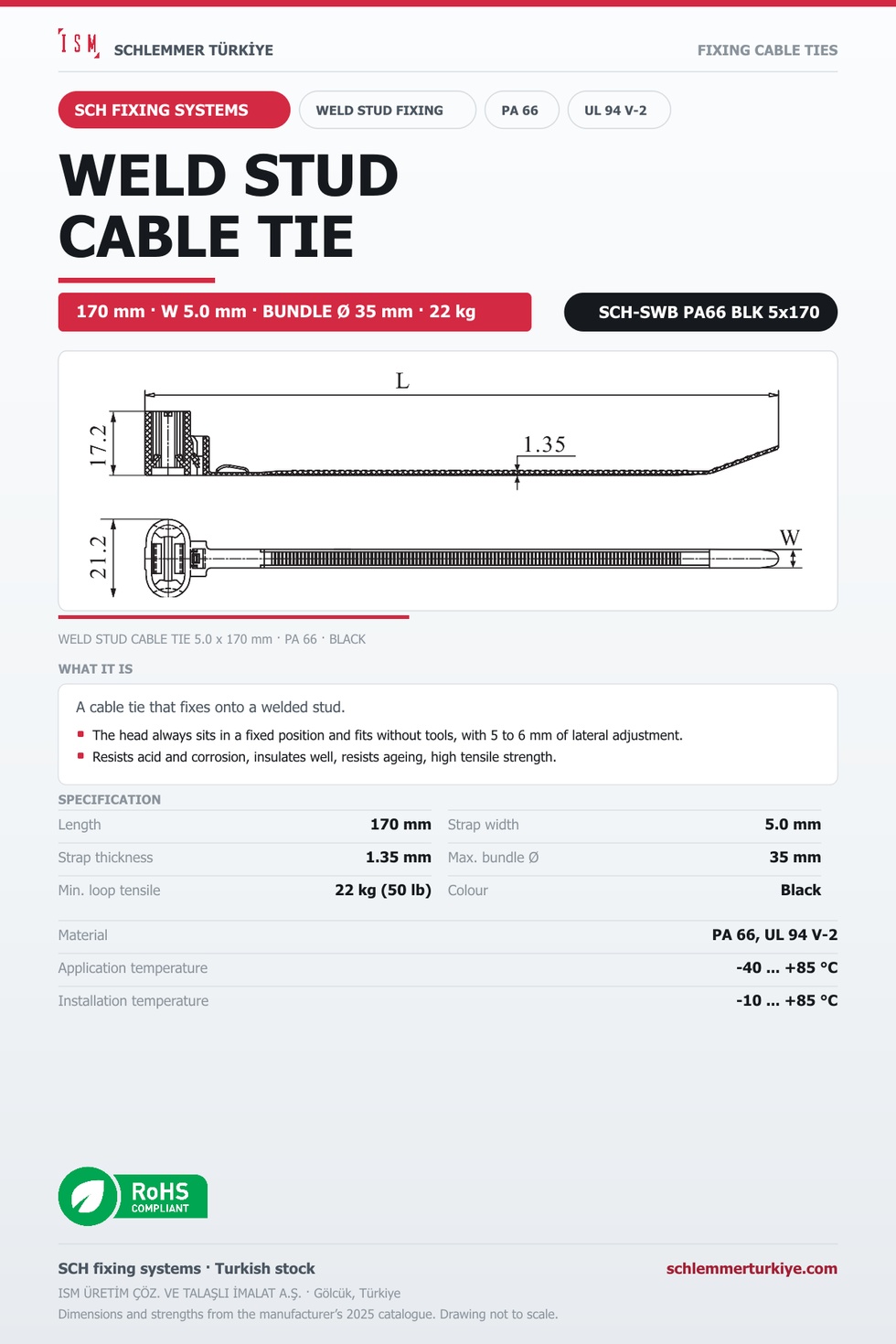 MOVABLE WELD STUD FIXING CABLE TIE 5x170 BLACK POLYAMIDE 6.6