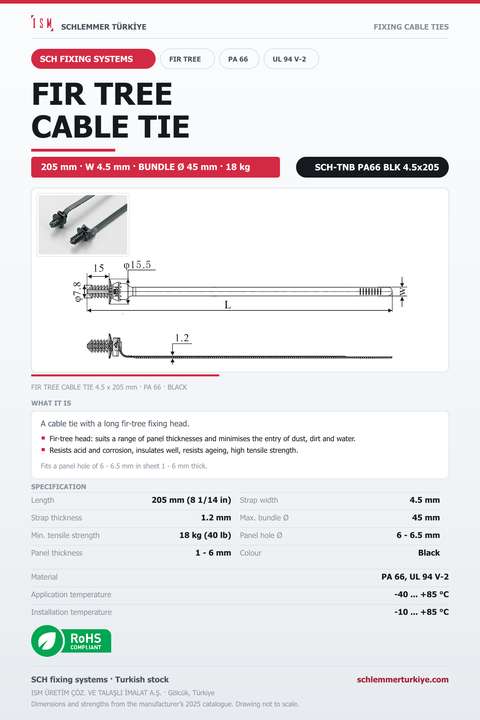 FIR TREE CABLE TIE 4.5x205 BLACK POLYAMIDE 6.6